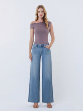 Vervet Mid Rise Medium Wash Clean Cut Raw Hem Wide Jeans