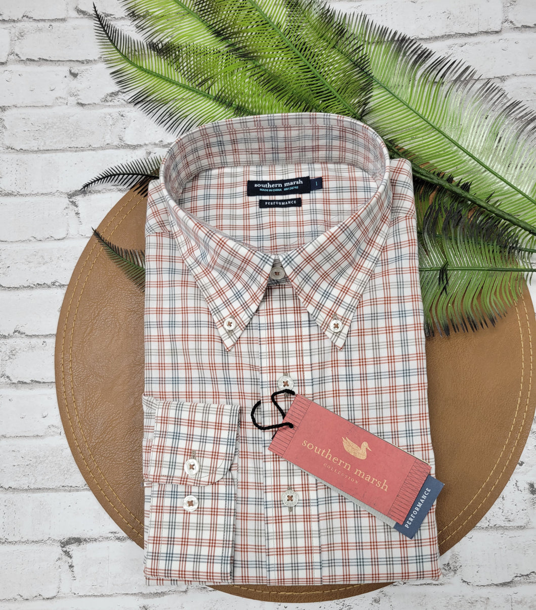 Southernn Marsh Odessa Performance Button Down Burnt Orange and Taupe