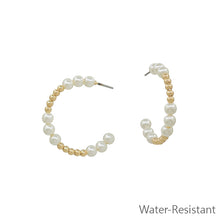 Water Resistant Gold 2mm with 3mm Pearl Beaded `1" Hoop Earring