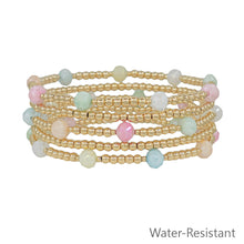 Water Resistant Set of 5 Gold Beaded with Light Multi Crystal Stretch Bracelet