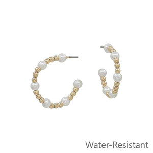 Water Resistant Gold & Pearl Ball Hoops