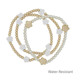 Water Resistant Gold Beaded and Pearl with White Flower Stretch Bracelets