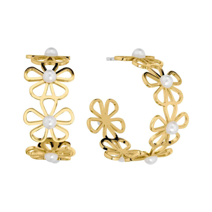 Gold Open Flower with Pearl Hoop Earring